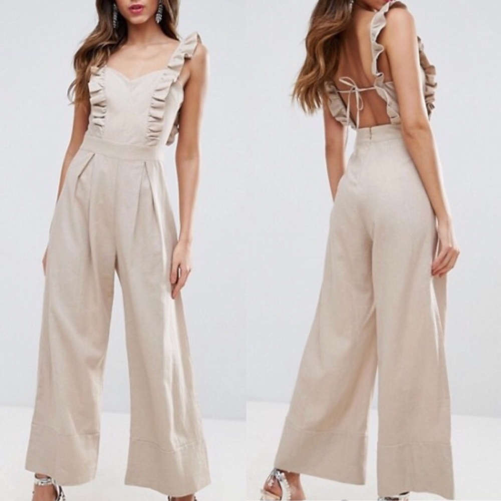 ASOS open back, wide leg linen tan  jumpsuit